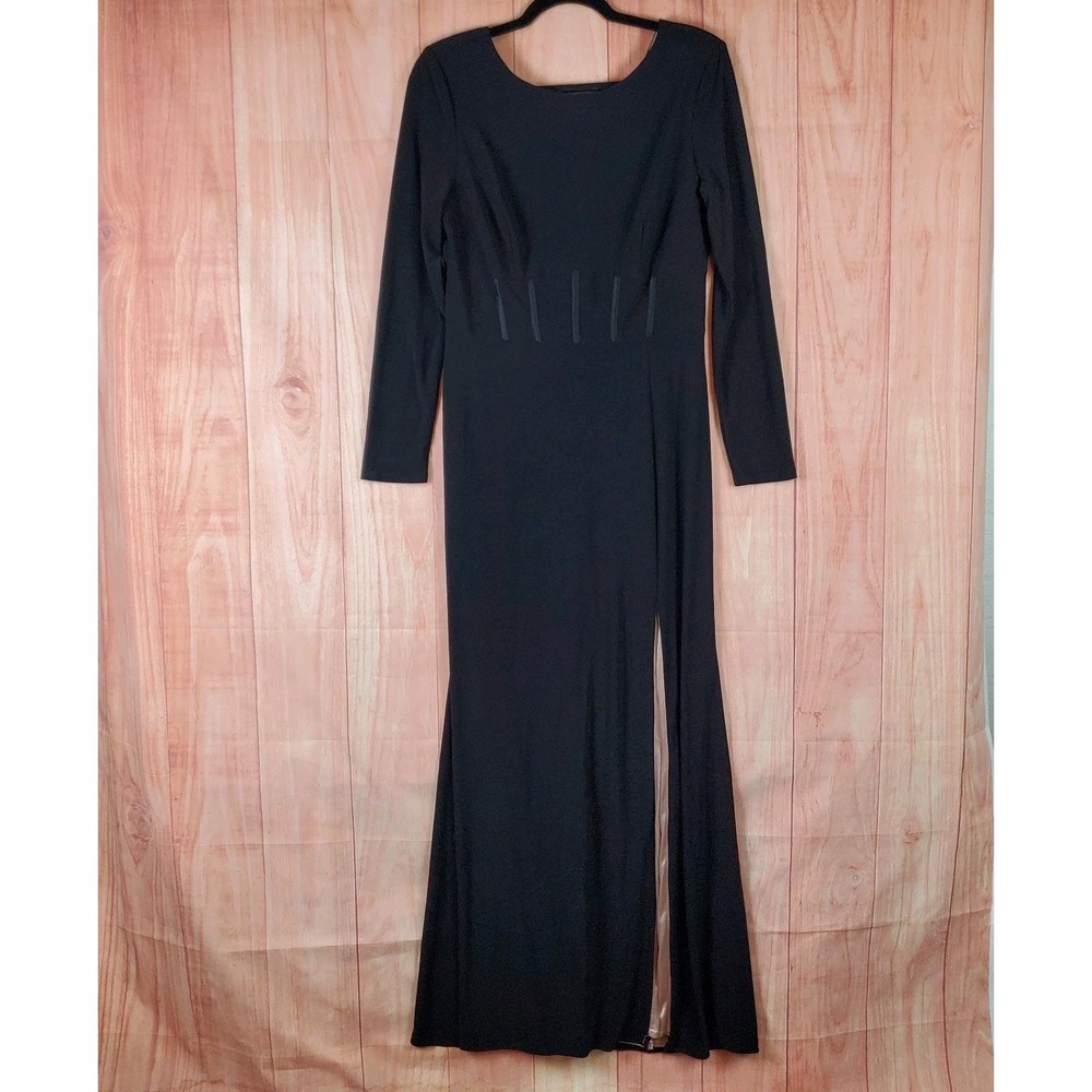 Xscape Gown Dress Womens 12 Black Corset Bodice Long Sleeve Side Slit Back Zip